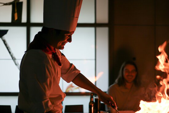 chef cooking at Teppan Village in Whistler