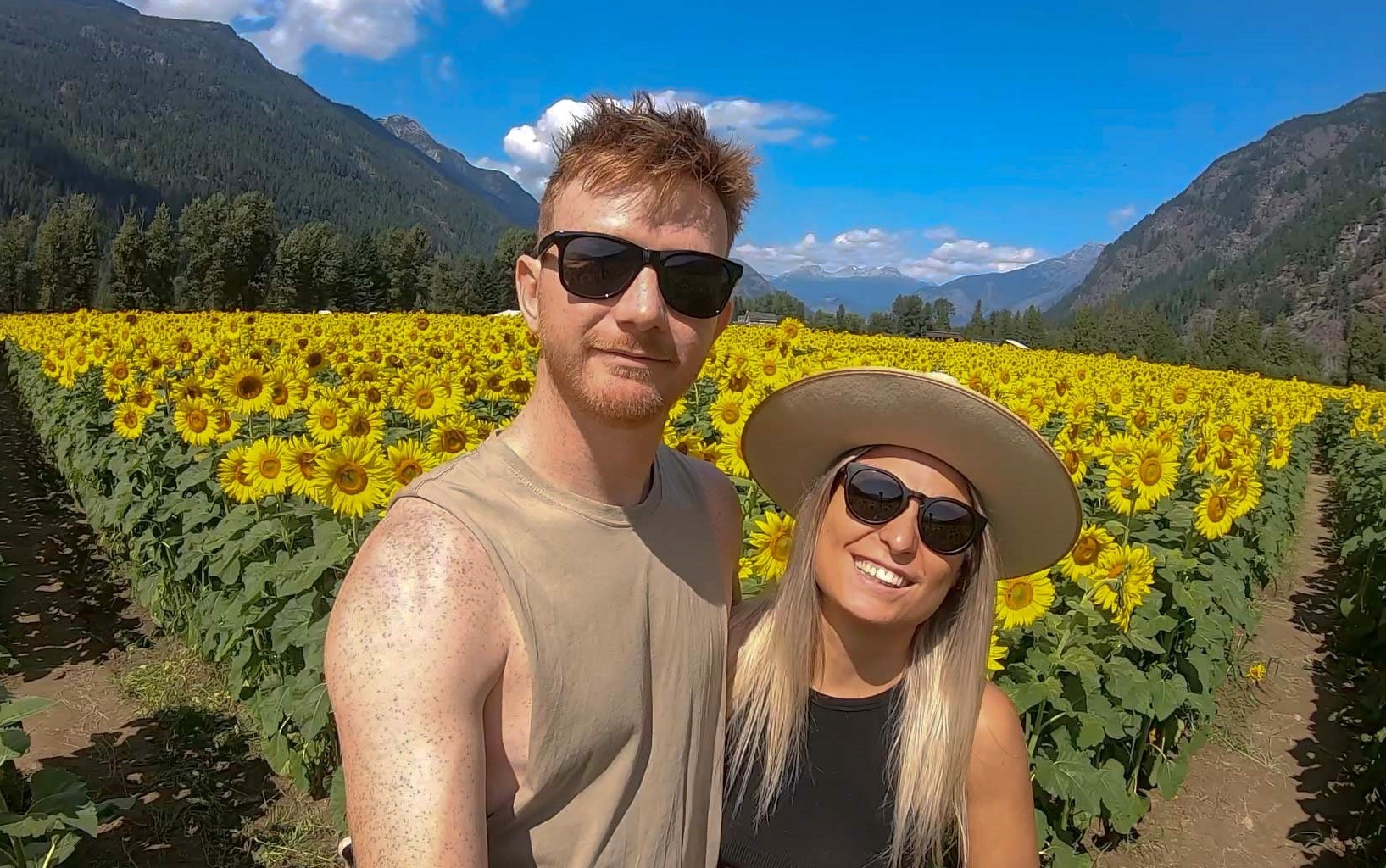 Man & woman standing in a field of sunflowers